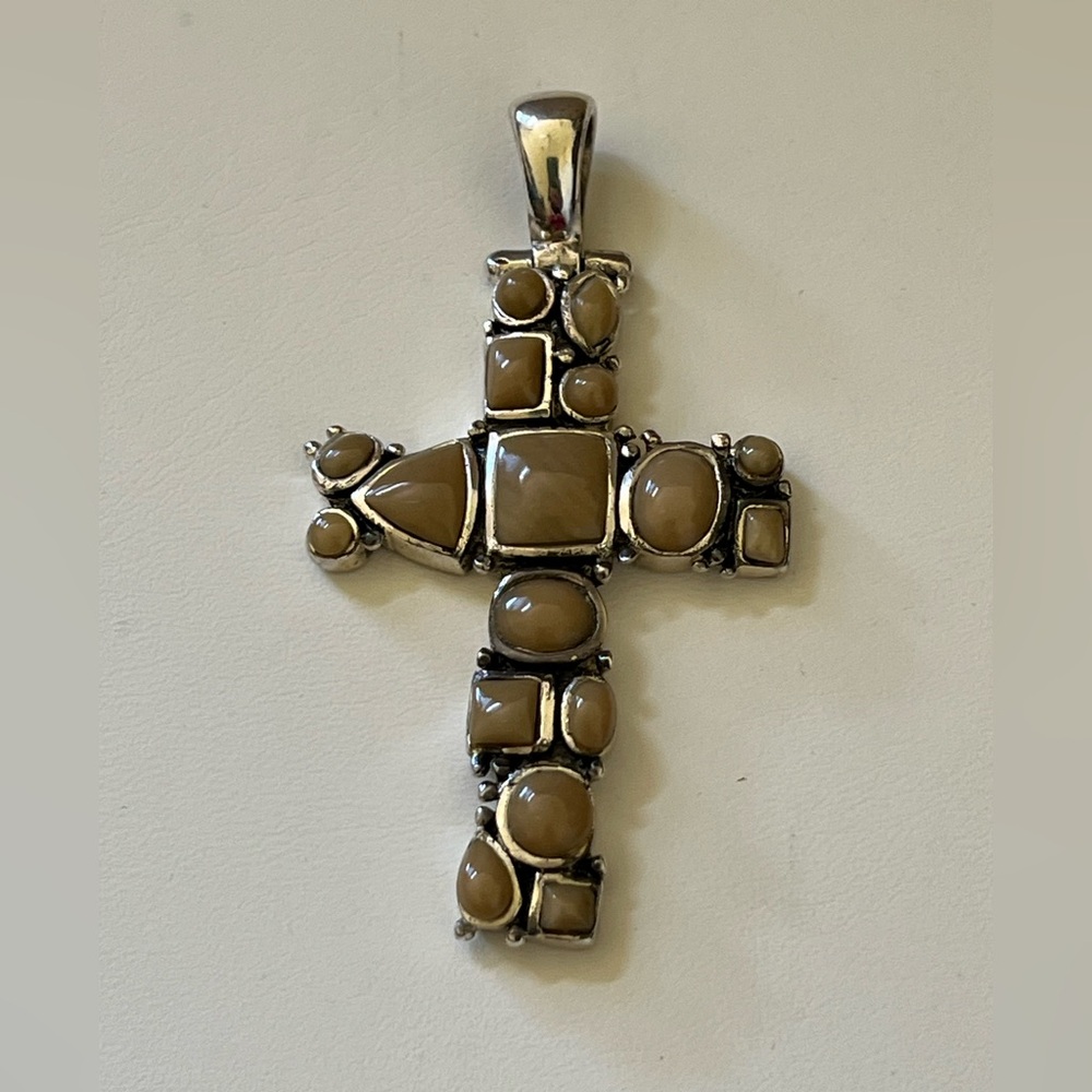 Silver and Tan Cross Pendant 925 Sterling Silver - Picture 3 of 6